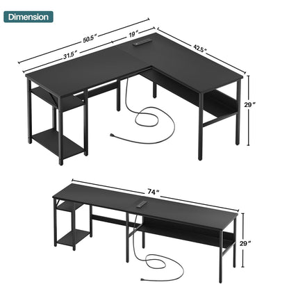 L Shaped Desk with Storage, Power Outlet, USB Ports, Reversible Computer Desk