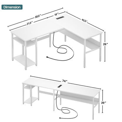 L Shaped Desk with Storage, Power Outlet, USB Ports, Reversible Computer Desk