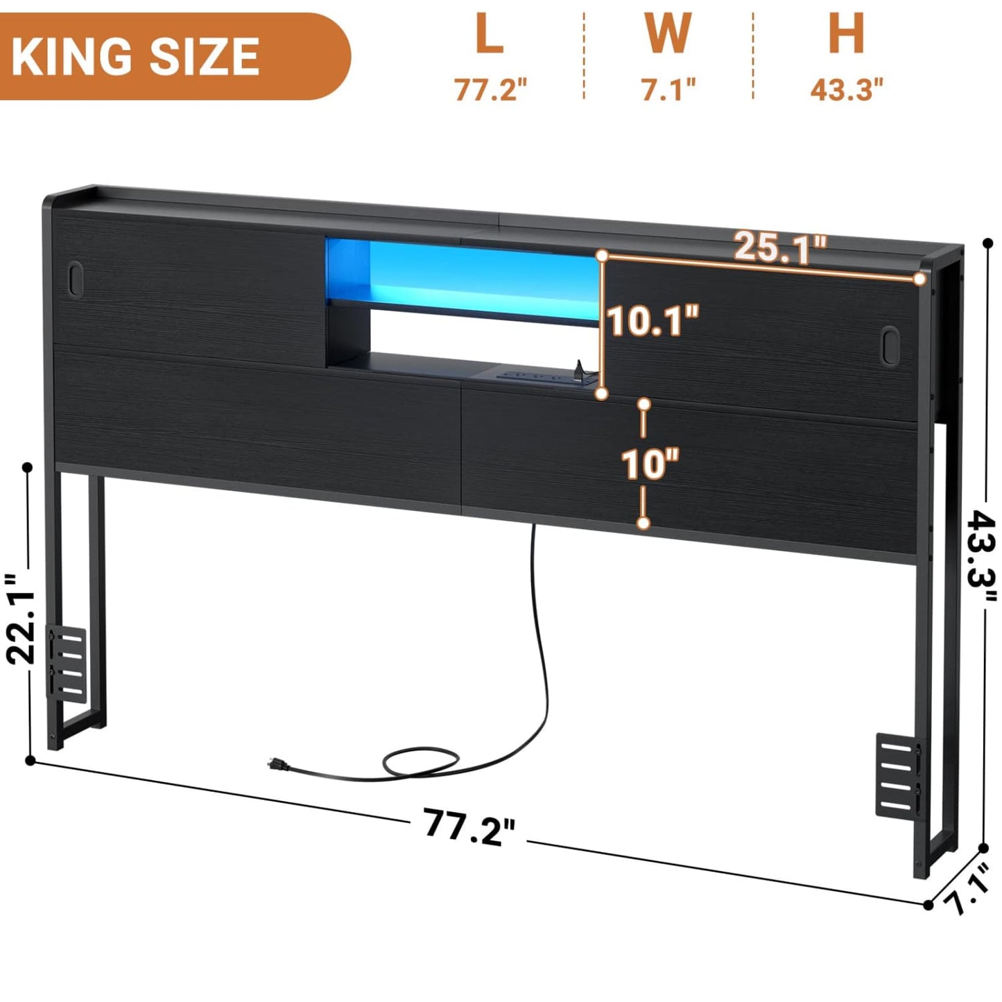 Storage Headboard with Sliding Doors and Charging Station