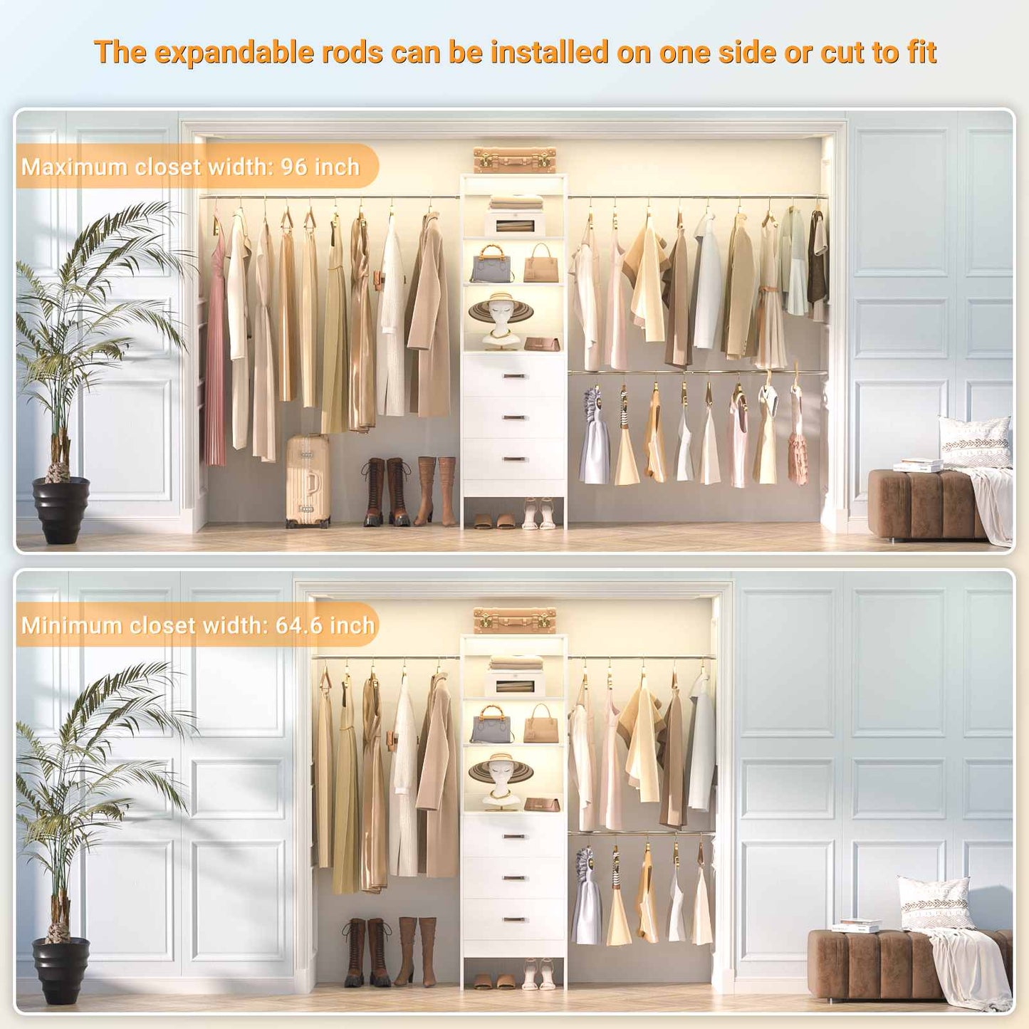 8FT Closet Organizer System with 3 Hanging Rods, 96'' Closet Organizers and Storage with 3 Wooden Drawers