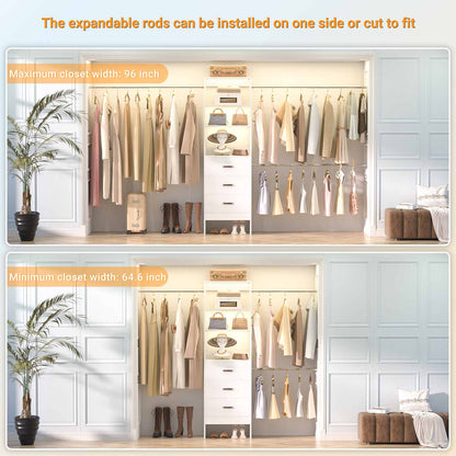 8FT Closet Organizer System with 3 Hanging Rods, 96'' Closet Organizers and Storage with 3 Wooden Drawers