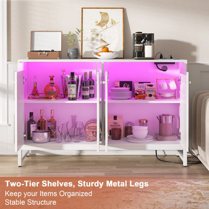Storage Buffet Cabinet with Adjustable Shelves, Coffee Bar with Charging Station, LED Light