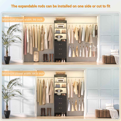 8FT Closet Organizer System with 3 Hanging Rods, 96'' Closet Organizers and Storage with 3 Wooden Drawers