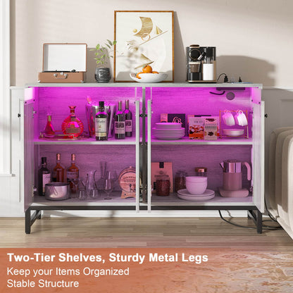 Storage Buffet Cabinet with Adjustable Shelves, Coffee Bar with Charging Station, LED Light