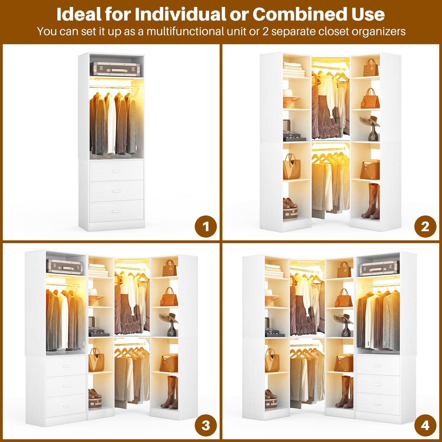 Corner Closet System with 2 Sensor Lights, Corner Closet Organizer with 3 Drawers, 13 Shelves & 3 Hanging Rods