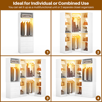 Corner Closet System with 2 Sensor Lights, Corner Closet Organizer with 3 Drawers, 13 Shelves & 3 Hanging Rods