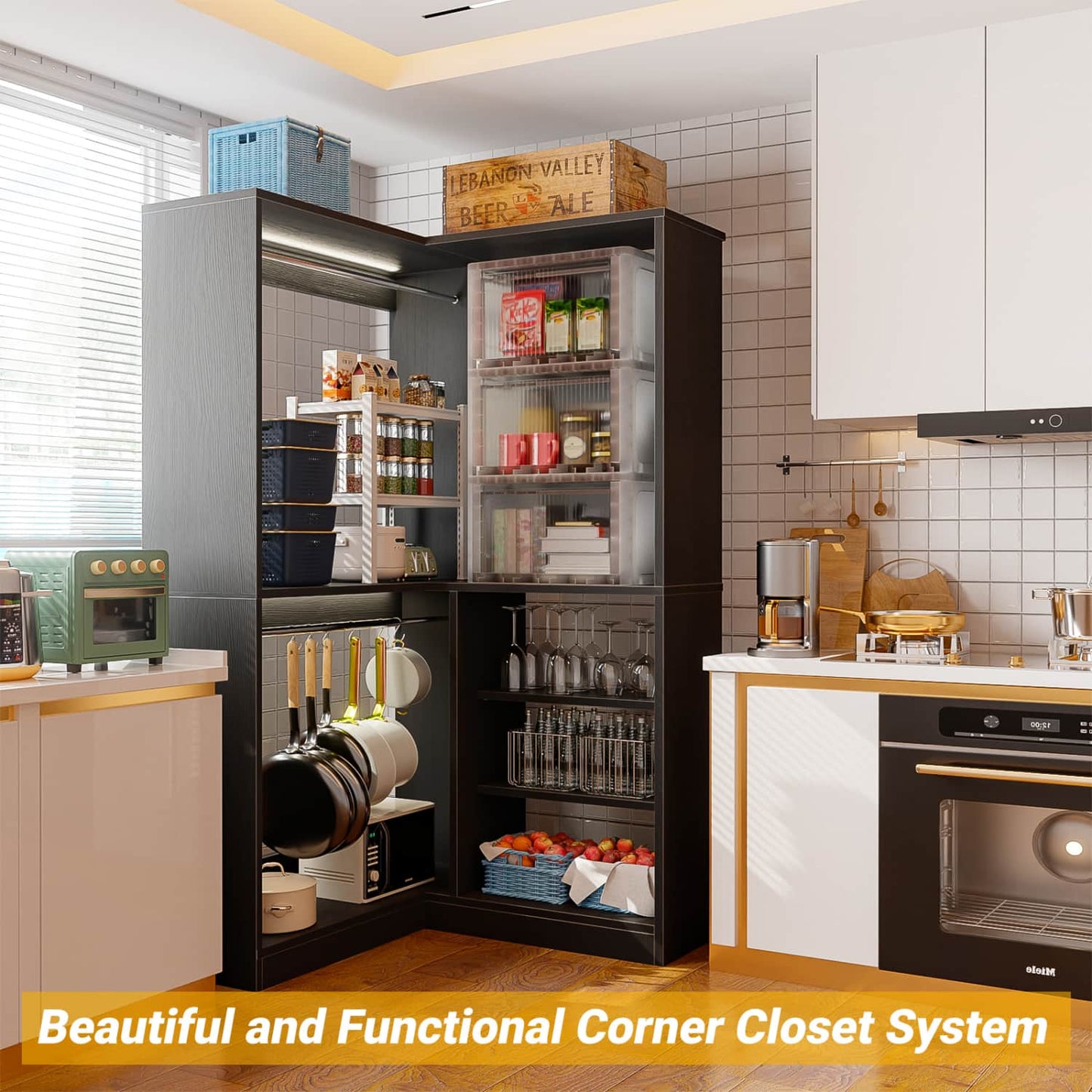 Corner Closet System with Shelf, Freestanding Closet Organizer with 2 Hanging Rods