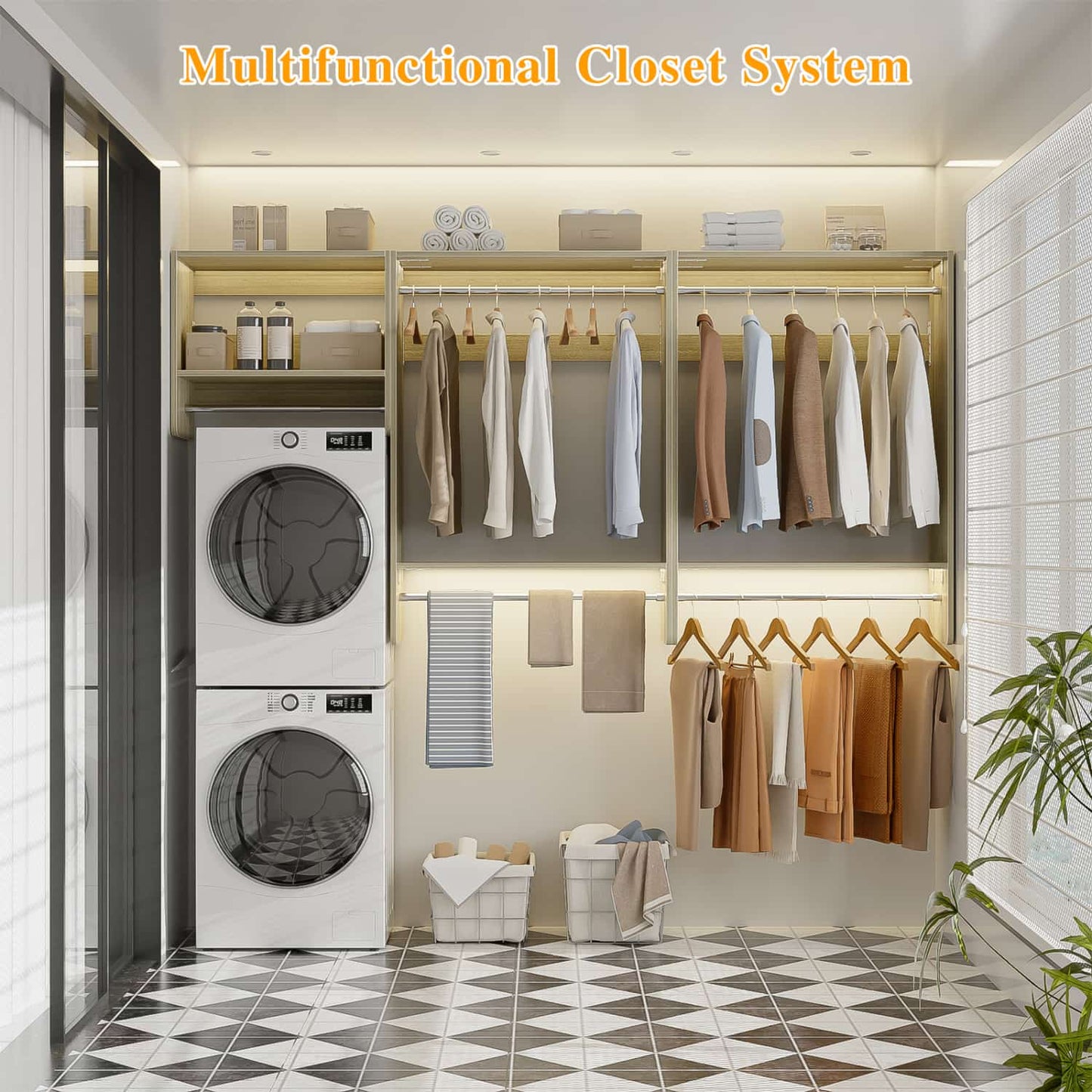 95" Closet Organizer with 5 Hanging Rods, Wall Mounted Clothes Hanging Rack for Organization