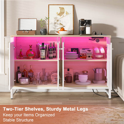 Storage Buffet Cabinet with Adjustable Shelves, Coffee Bar with Charging Station, LED Light