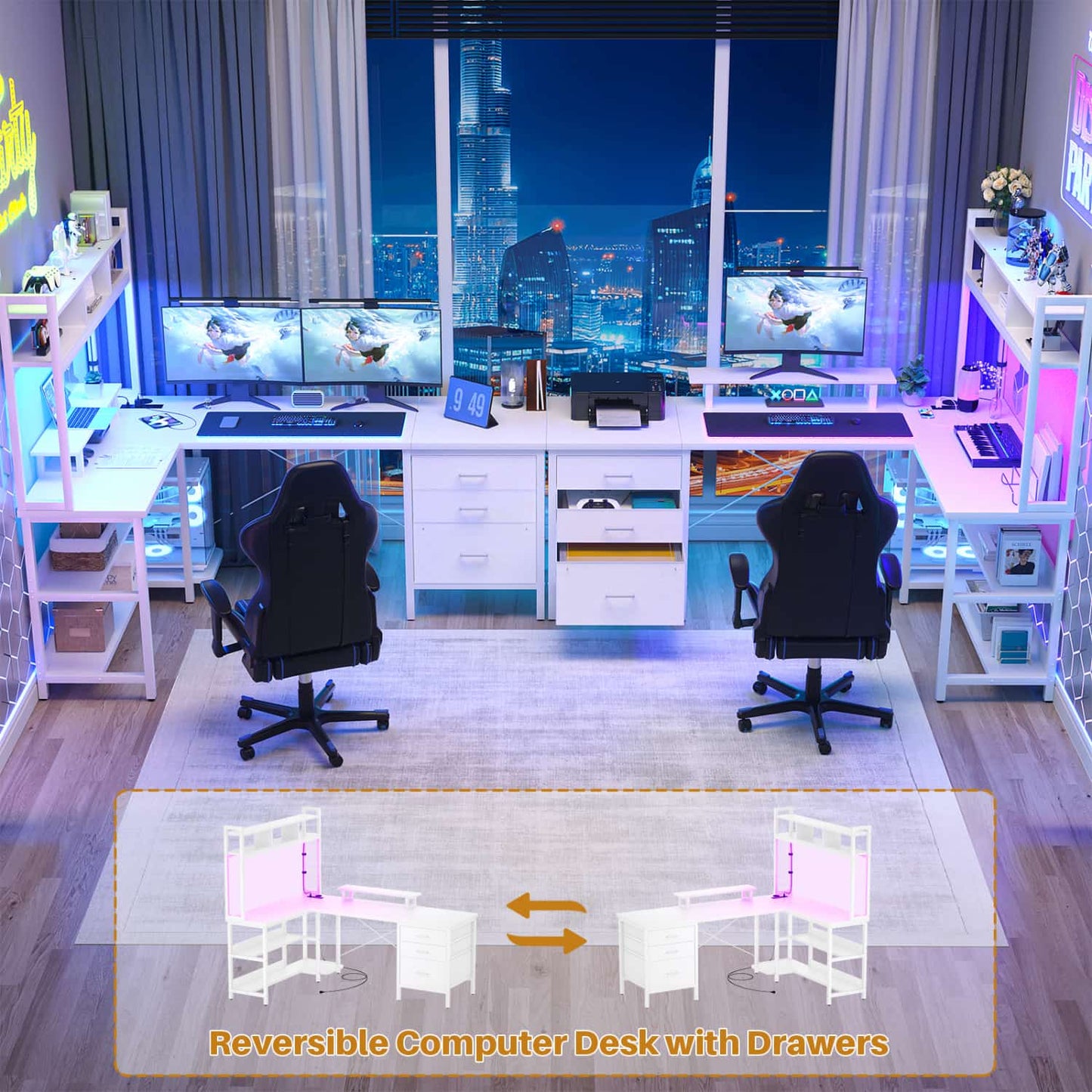 L Shaped Computer Desk with Hutch, Power Outlets, LED Lights & Storage Drawers