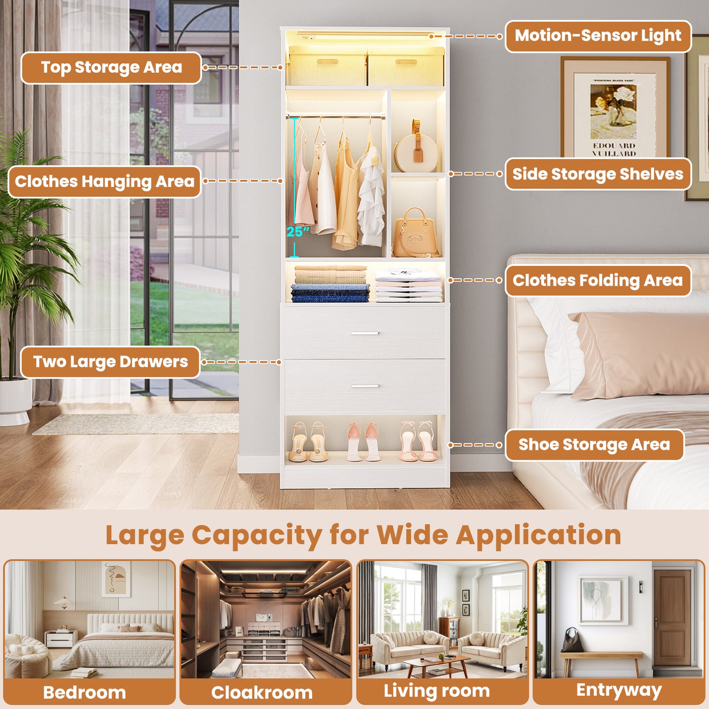 Besiost 24 Inches Closet System with 3CCT Sensor Light