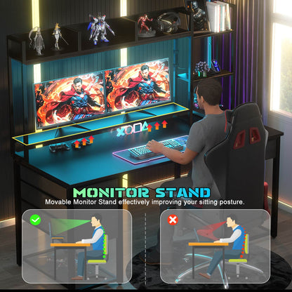 Computer Desk with LED Light, Power Outlet, Farbric Drawers