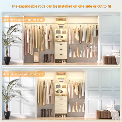 8FT Closet Organizer System with 3 Hanging Rods, 96'' Closet Organizers and Storage with 3 Wooden Drawers