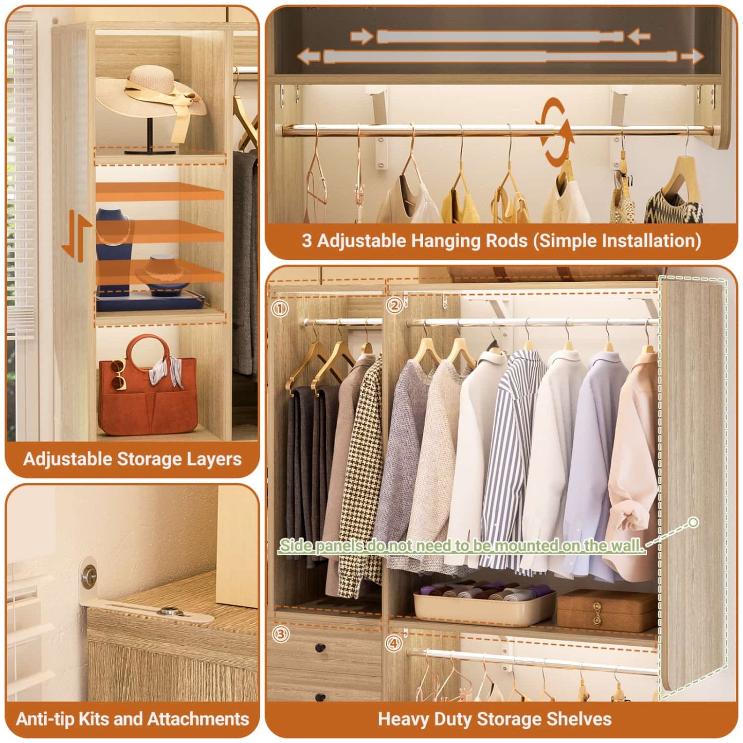 Closet System with Wooden Drawers and Two Hanging Rods