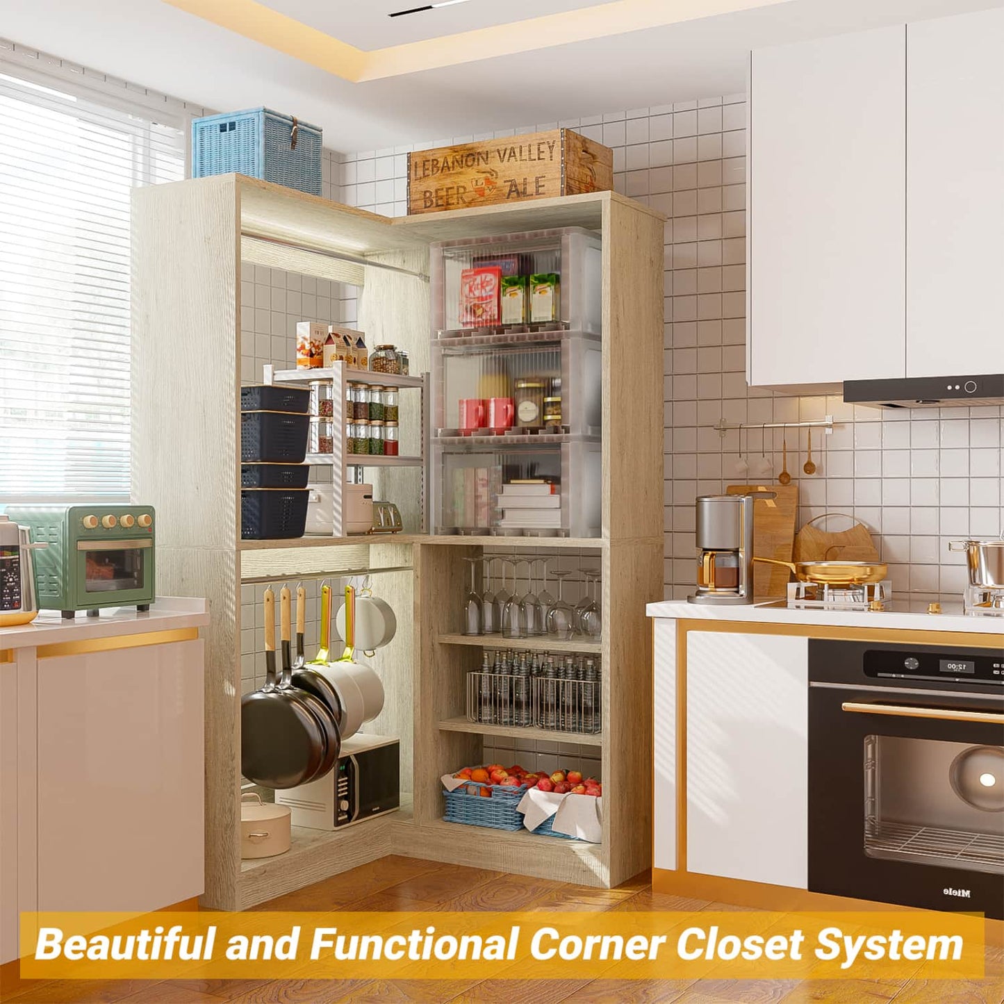 Corner Closet System with Shelf, Freestanding Closet Organizer with 2 Hanging Rods