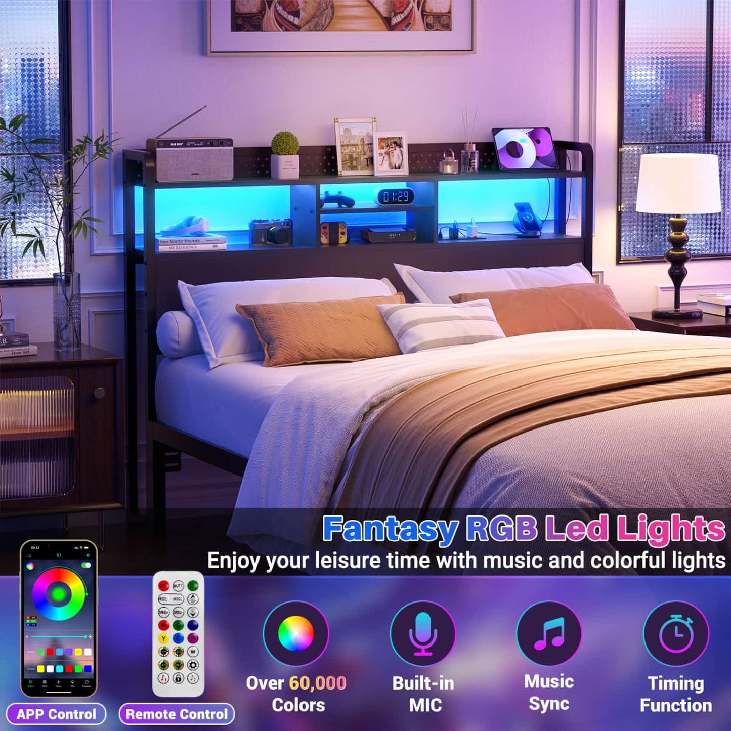 Queen Storage Headboard with Led Lights & Charging Station