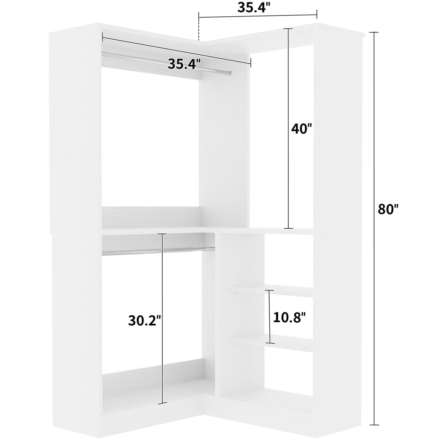 Corner Closet System with Shelf, Freestanding Closet Organizer with 2 Hanging Rods