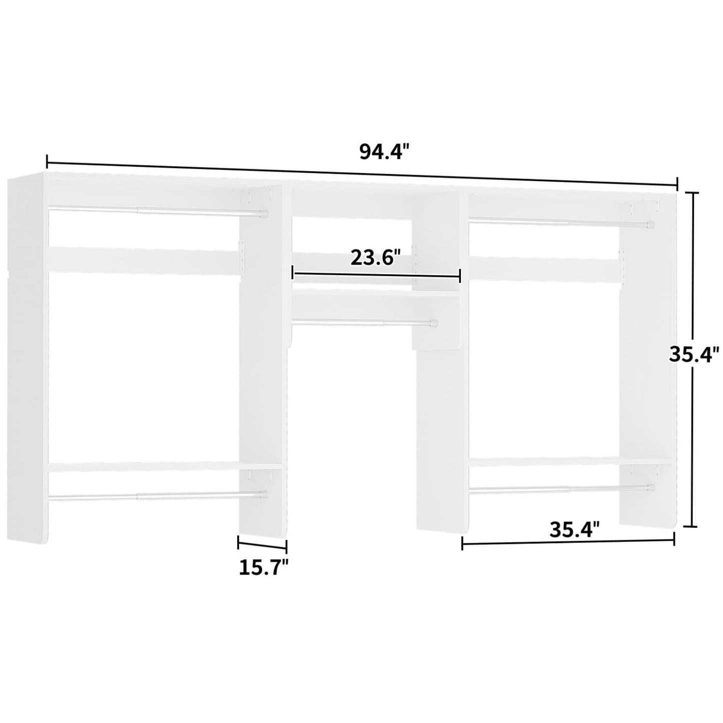 95" Closet Organizer with 5 Hanging Rods, Wall Mounted Clothes Hanging Rack for Organization
