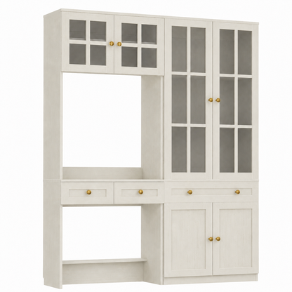 55.2" W × 80" H Bookcase with Desk, Mullion Glass Doors, Drawers
