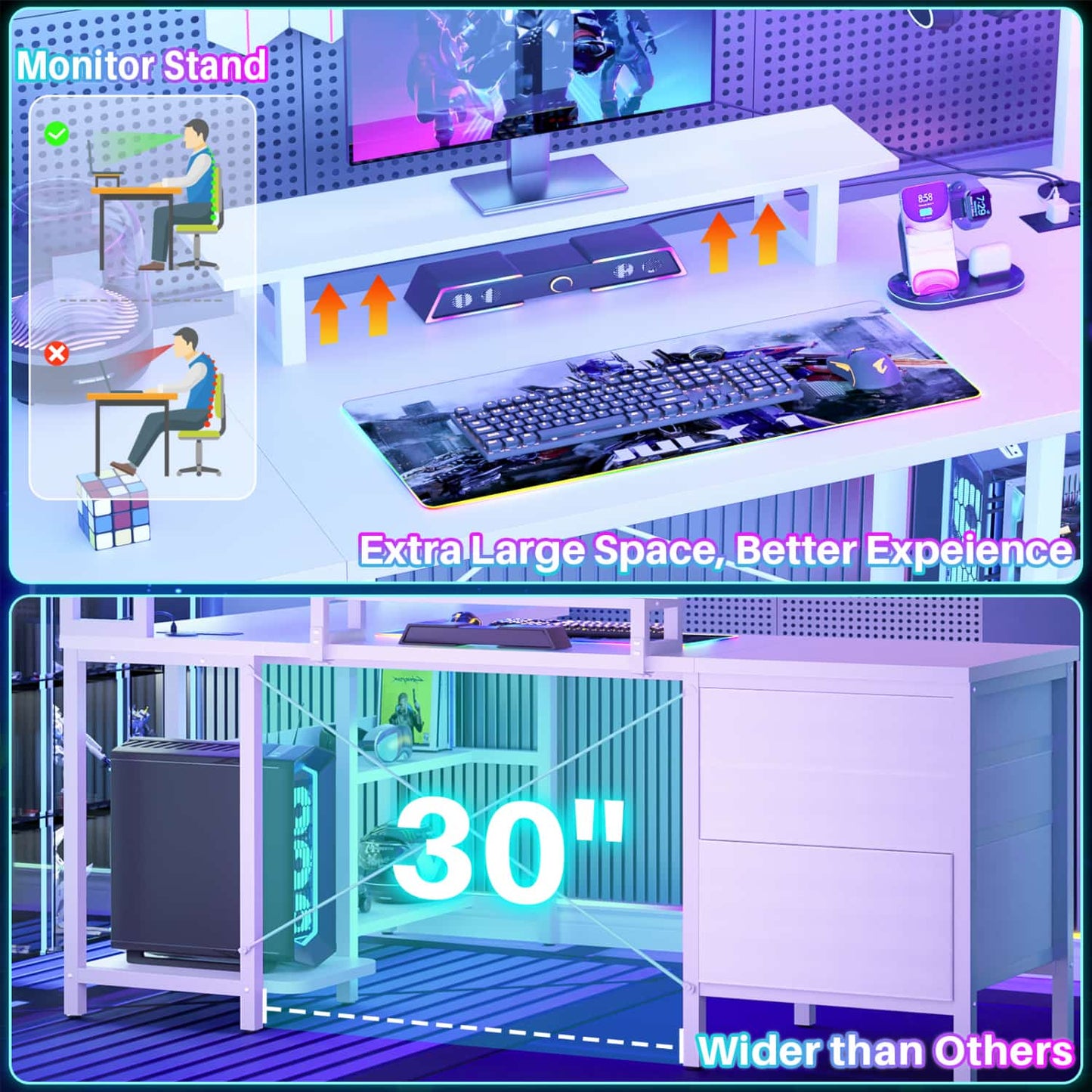 L Shaped Computer Desk with Hutch, Power Outlets, LED Lights & Storage Drawers
