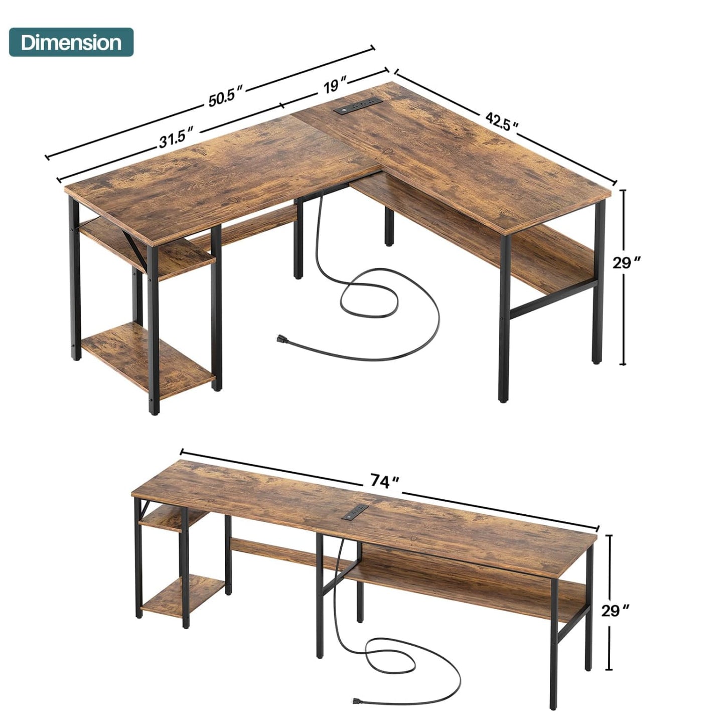 L Shaped Desk with Storage, Power Outlet, USB Ports, Reversible Computer Desk