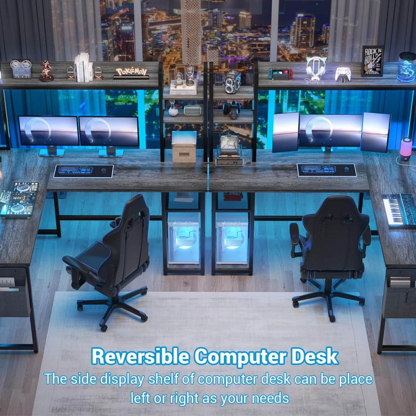 Corner Computer Desk with Hutch and Led Lights, L-Shaped Desk with Power Outlet