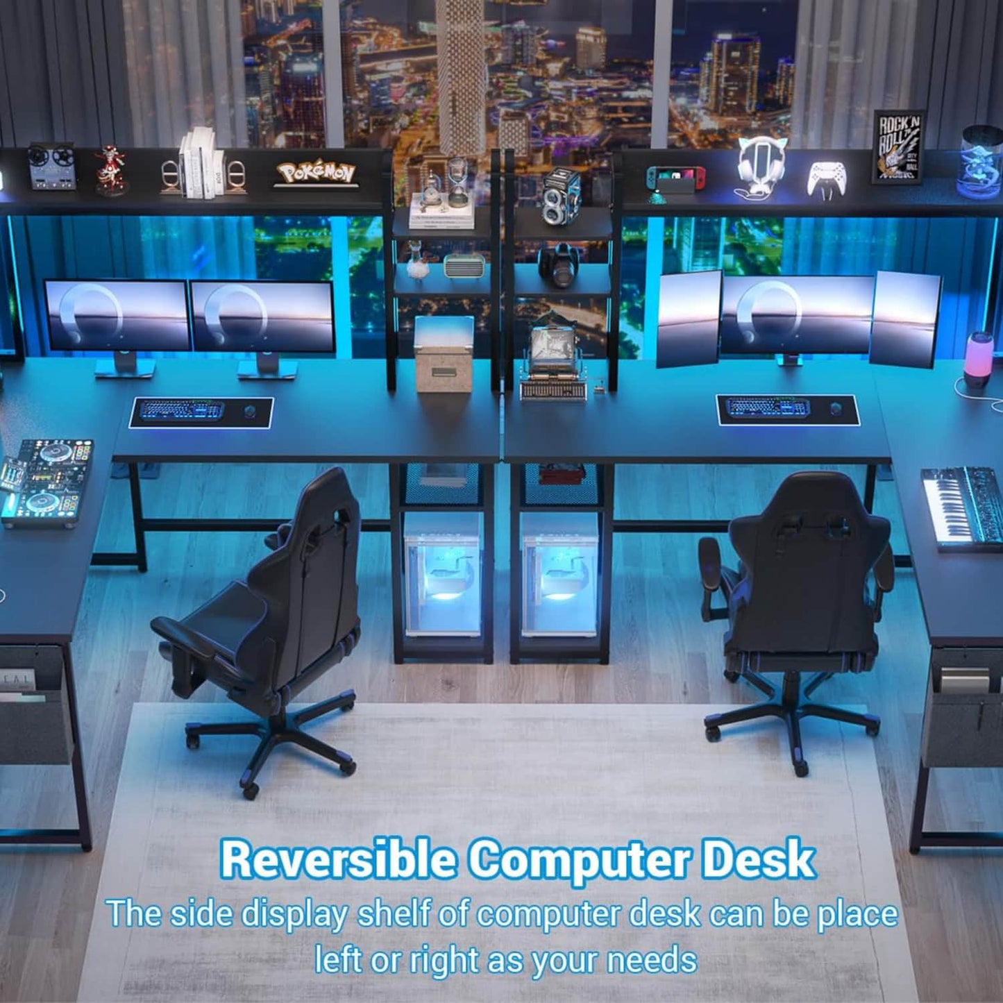 Corner Computer Desk with Hutch and Led Lights, L-Shaped Desk with Power Outlet