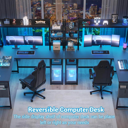 Corner Computer Desk with Hutch and Led Lights, L-Shaped Desk with Power Outlet