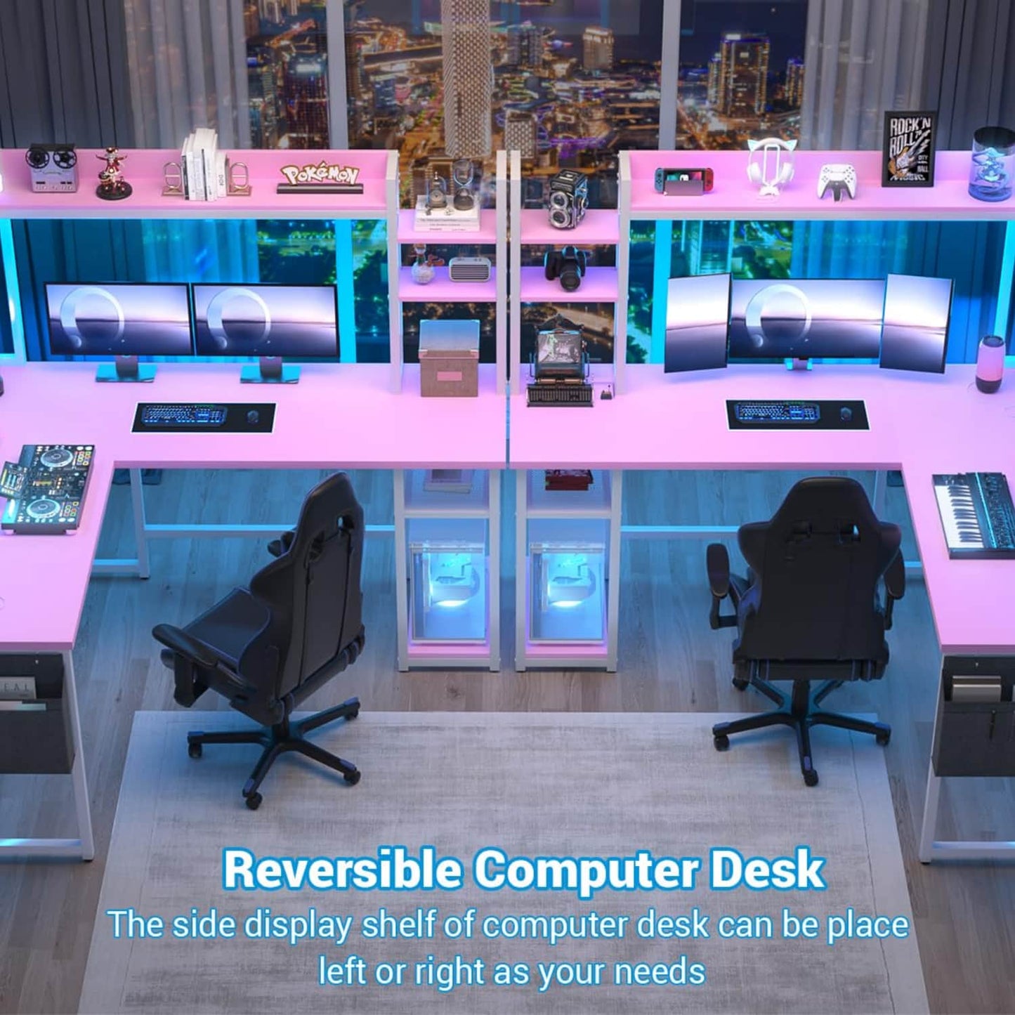 Corner Computer Desk with Hutch and Led Lights, L-Shaped Desk with Power Outlet