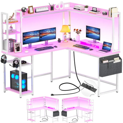 Corner Computer Desk with Hutch and Led Lights, L-Shaped Desk with Power Outlet
