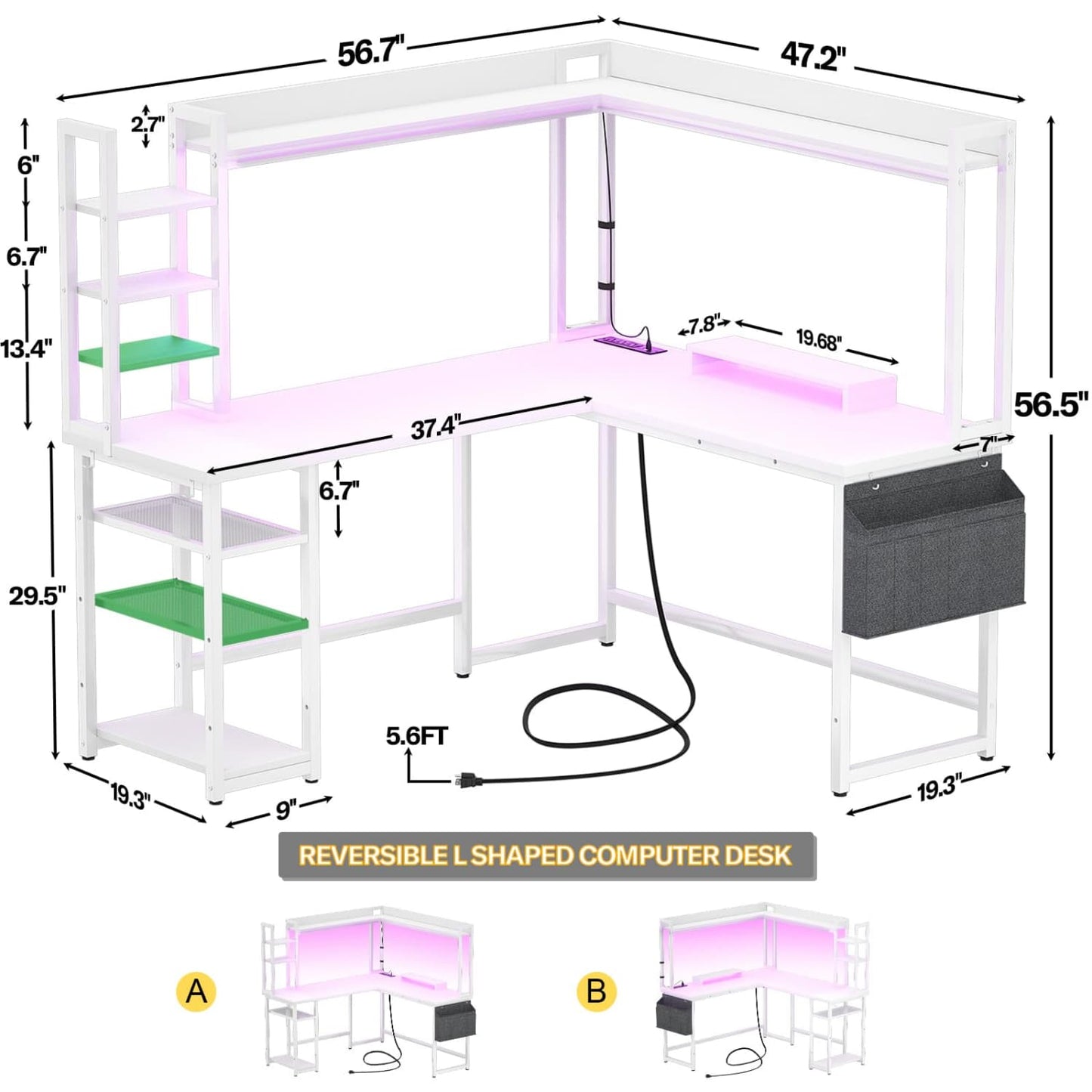 Corner Computer Desk with Hutch and Led Lights, L-Shaped Desk with Power Outlet