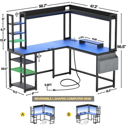 Corner Computer Desk with Hutch and Led Lights, L-Shaped Desk with Power Outlet