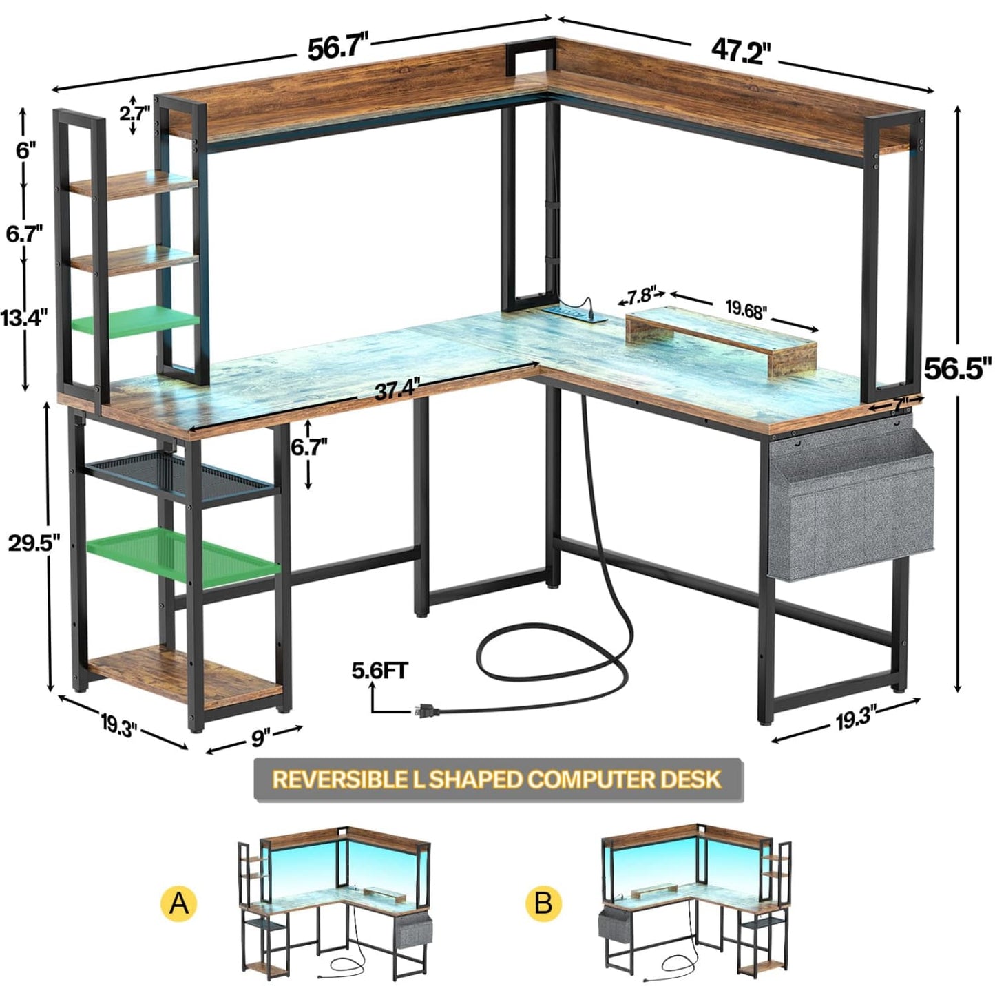 Corner Computer Desk with Hutch and Led Lights, L-Shaped Desk with Power Outlet