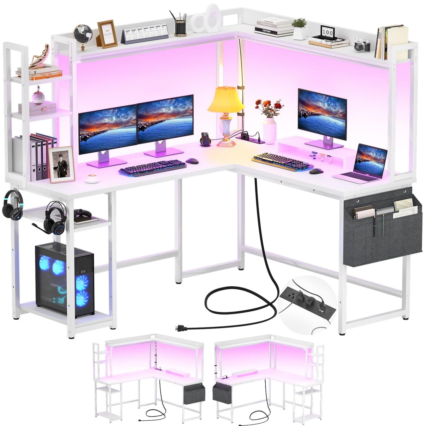Corner Computer Desk with Hutch and Led Lights, L-Shaped Desk with Power Outlet