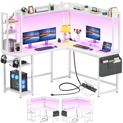 Corner Computer Desk with Hutch and Led Lights, L-Shaped Desk with Power Outlet