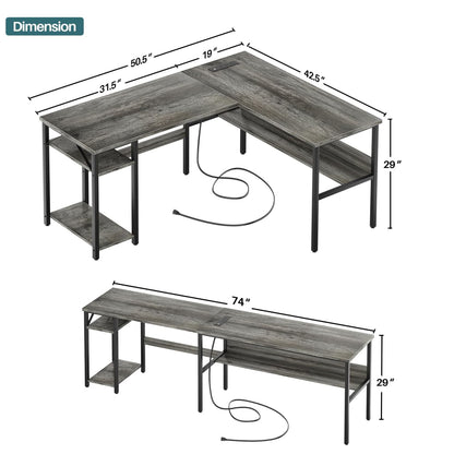 L Shaped Desk with Storage, Power Outlet, USB Ports, Reversible Computer Desk