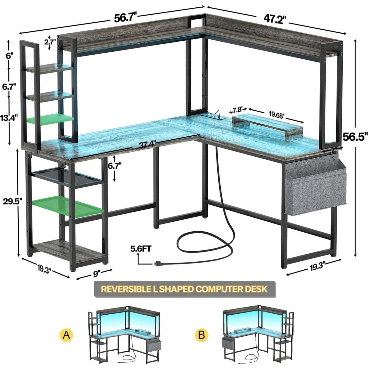 Corner Computer Desk with Hutch and Led Lights, L-Shaped Desk with Power Outlet