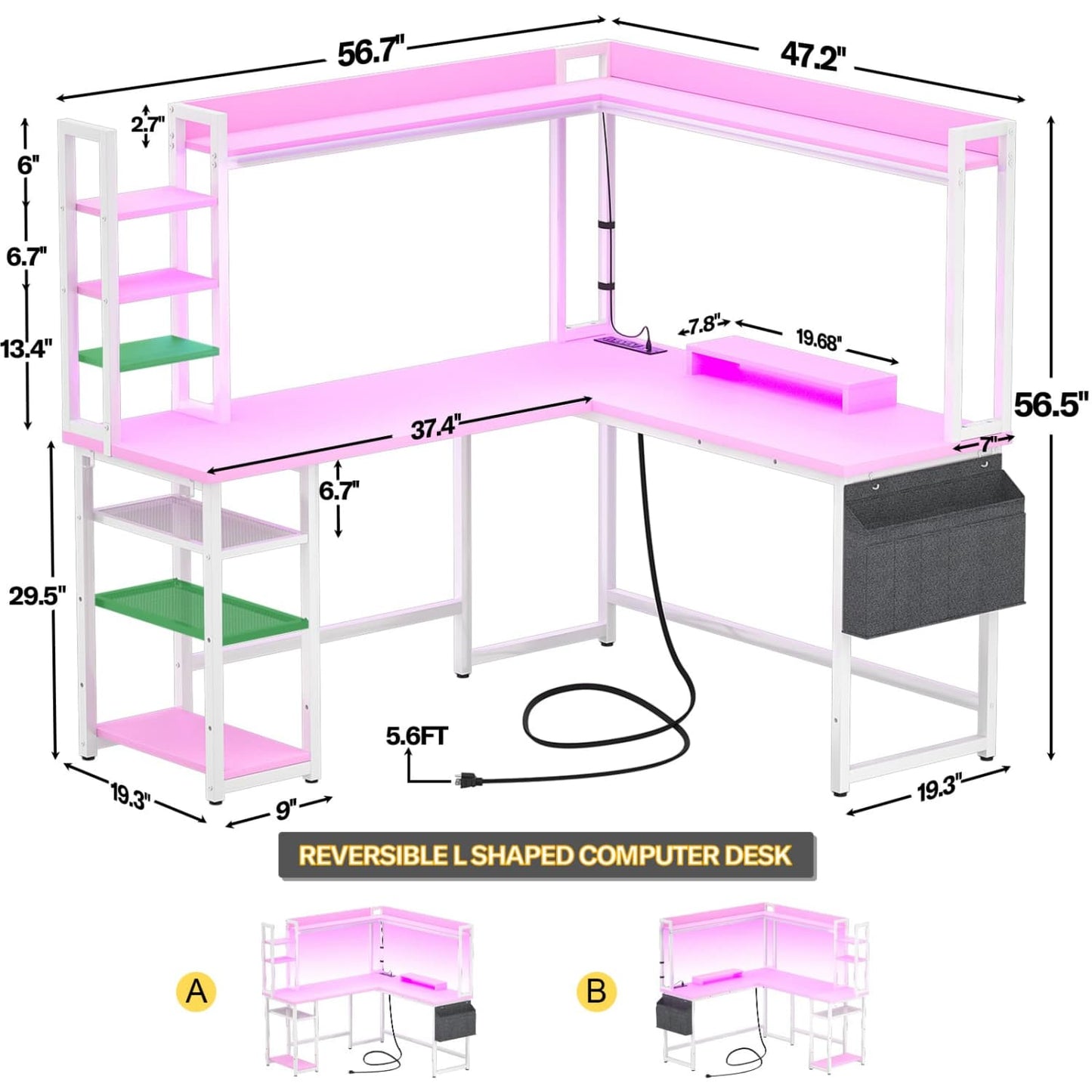 Corner Computer Desk with Hutch and Led Lights, L-Shaped Desk with Power Outlet