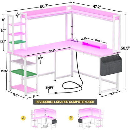 Corner Computer Desk with Hutch and Led Lights, L-Shaped Desk with Power Outlet