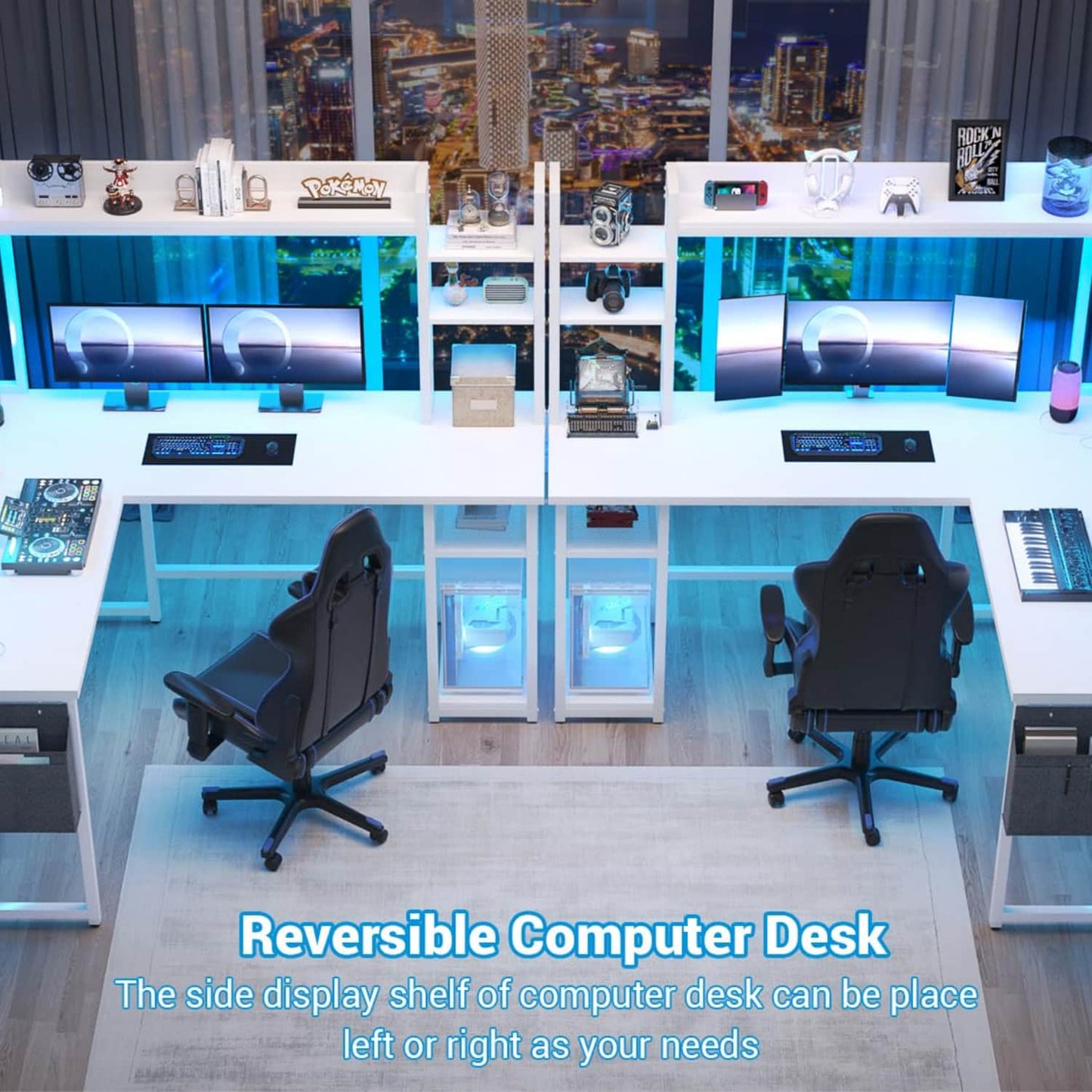 Corner Computer Desk with Hutch and Led Lights, L-Shaped Desk with Power Outlet