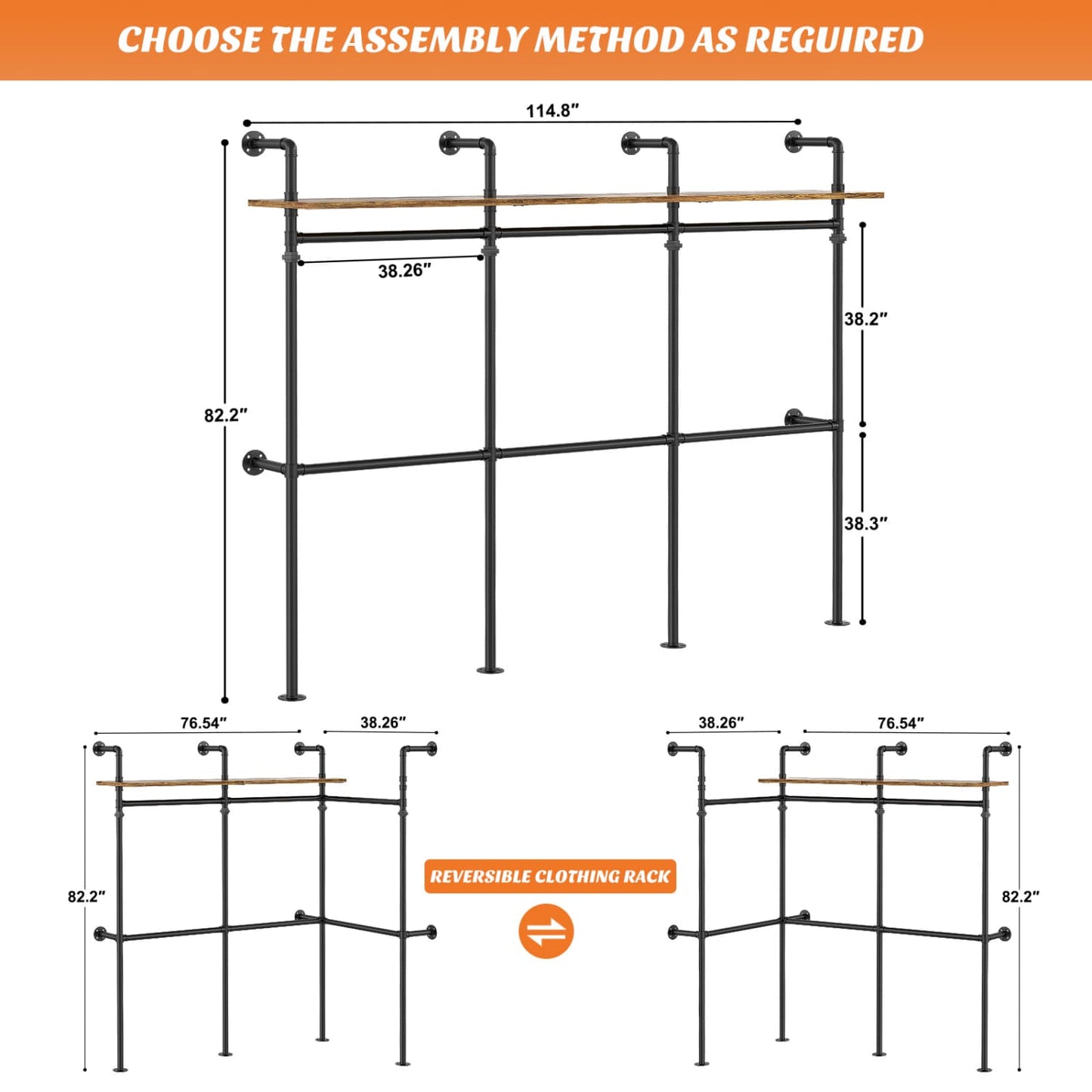 Industrial Pipe Clothing Rack, Reversible 118.3'' Clothes Rack for Hanging Clothes