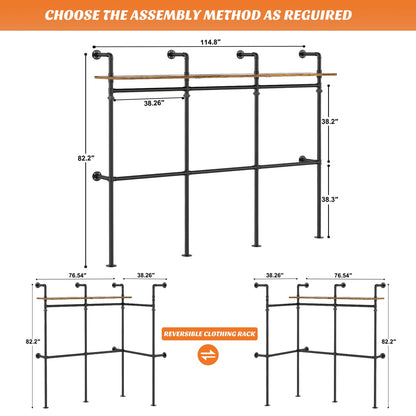Industrial Pipe Clothing Rack, Reversible 118.3'' Clothes Rack for Hanging Clothes
