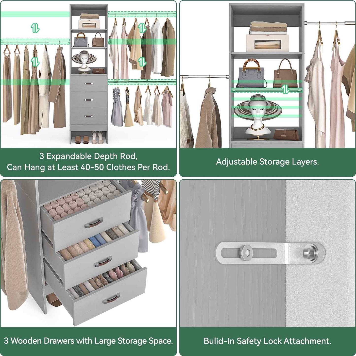 8FT Closet Organizer System with 3 Hanging Rods, 96'' Closet Organizers and Storage with 3 Wooden Drawers