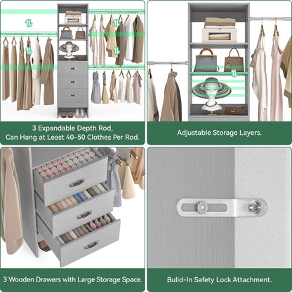 8FT Closet Organizer System with 3 Hanging Rods, 96'' Closet Organizers and Storage with 3 Wooden Drawers