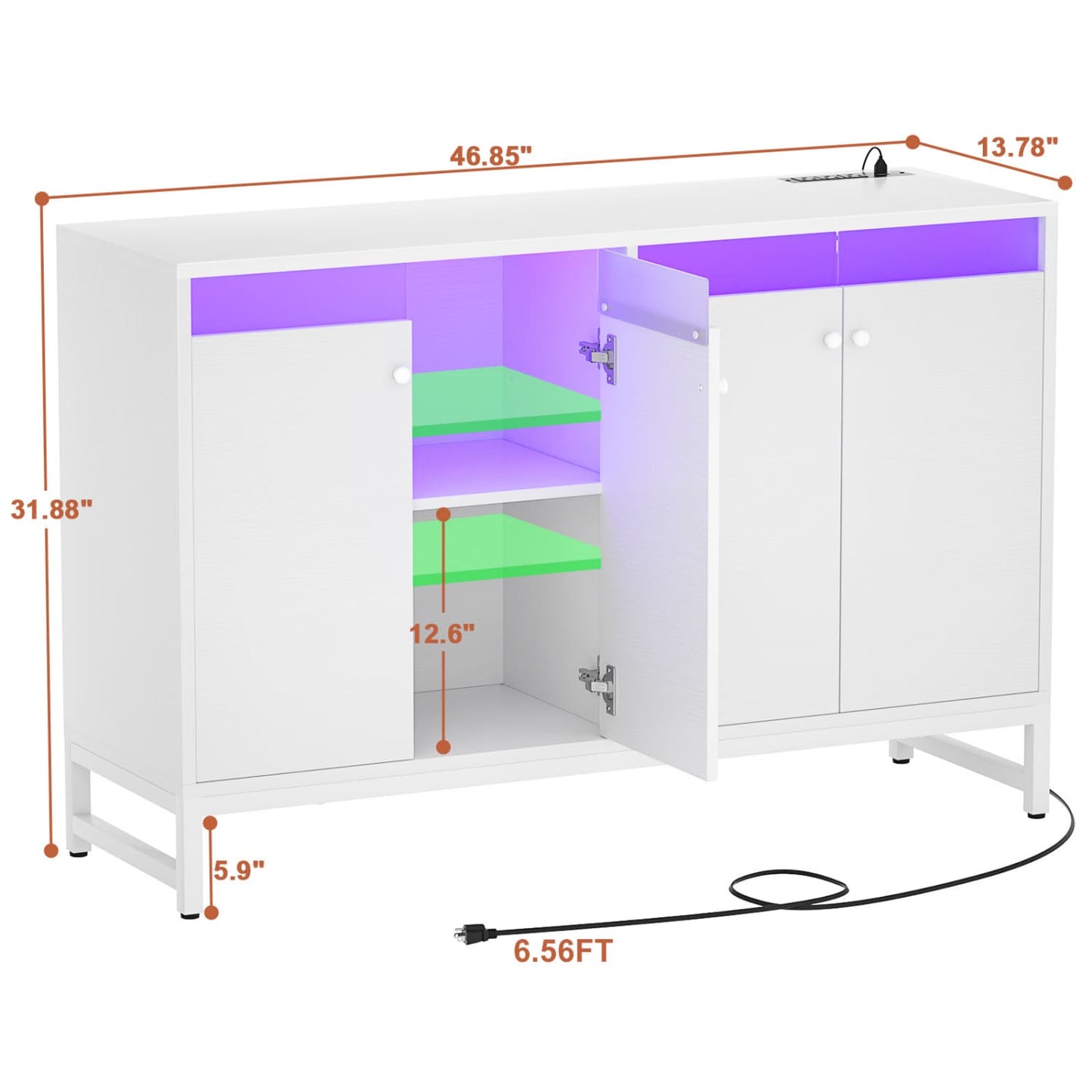 Storage Buffet Cabinet with Adjustable Shelves, Coffee Bar with Charging Station, LED Light