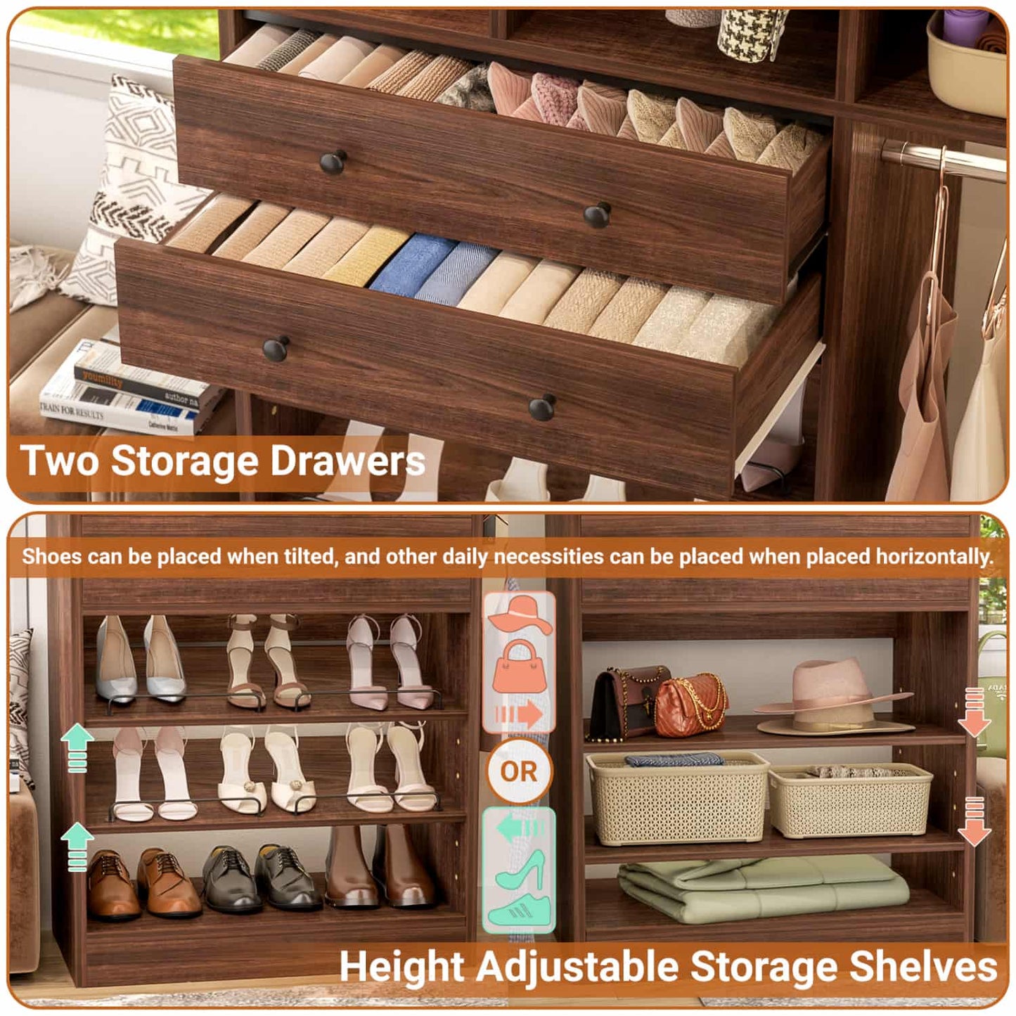 Closet System with Wooden Drawers and Two Hanging Rods