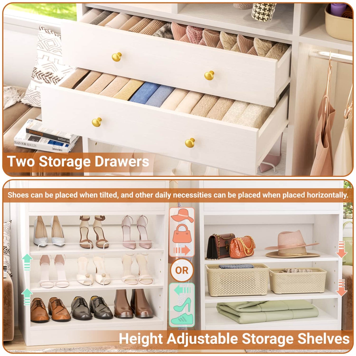 Closet System with Wooden Drawers and Two Hanging Rods