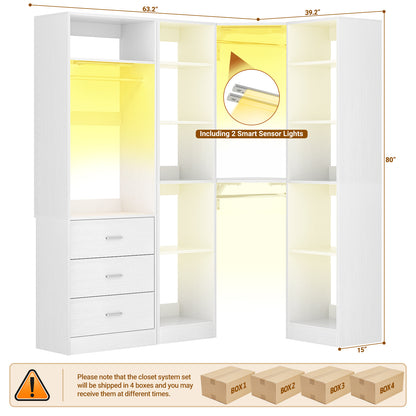 Corner Closet System with 2 Sensor Lights, Corner Closet Organizer with 3 Drawers, 13 Shelves & 3 Hanging Rods