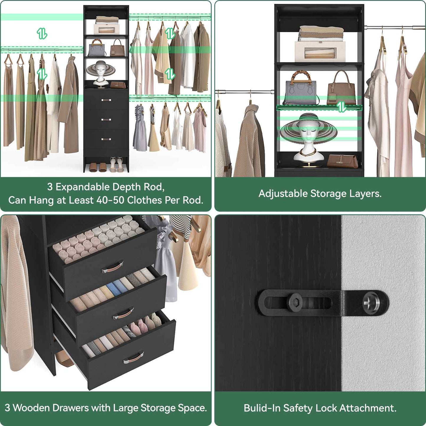 8FT Closet Organizer System with 3 Hanging Rods, 96'' Closet Organizers and Storage with 3 Wooden Drawers