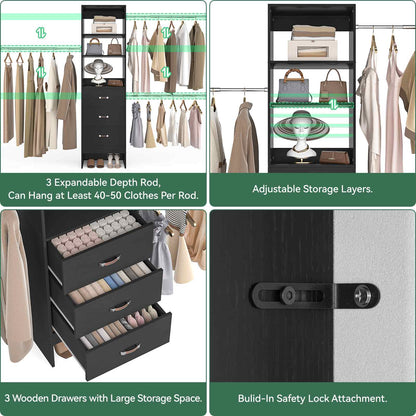 8FT Closet Organizer System with 3 Hanging Rods, 96'' Closet Organizers and Storage with 3 Wooden Drawers